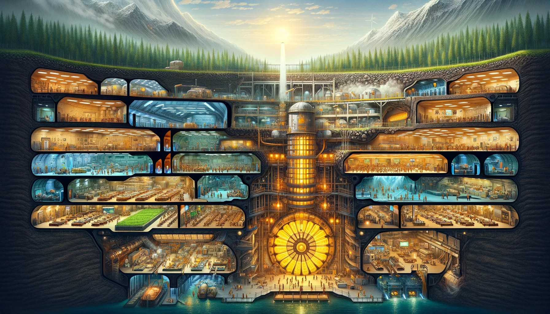 DALL·E 2024-03-23 12.19.54 - Imagine a cross-section of a massive underground vault inspired by a post-apocalyptic survival game. This vault is designed to sustain a large communi.webp